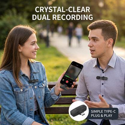 A man and woman use wireless lavalier mics outdoors, with a Type-C receiver plugged into a phone. CRYSTAL-CLEAR DUAL RECORDING. SIMPLE TYPE-C PLUG & PLAY.