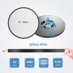 A 12-inch ultra-thin black LED ring light shown from two angles on a light gray background, with a hand holding a strip to demonstrate its thinness. Blue informational badges at the bottom list specifications: 24 Watt, 2880 Lumens, 2700K/6500K 3 CCT, and 110V Voltage.