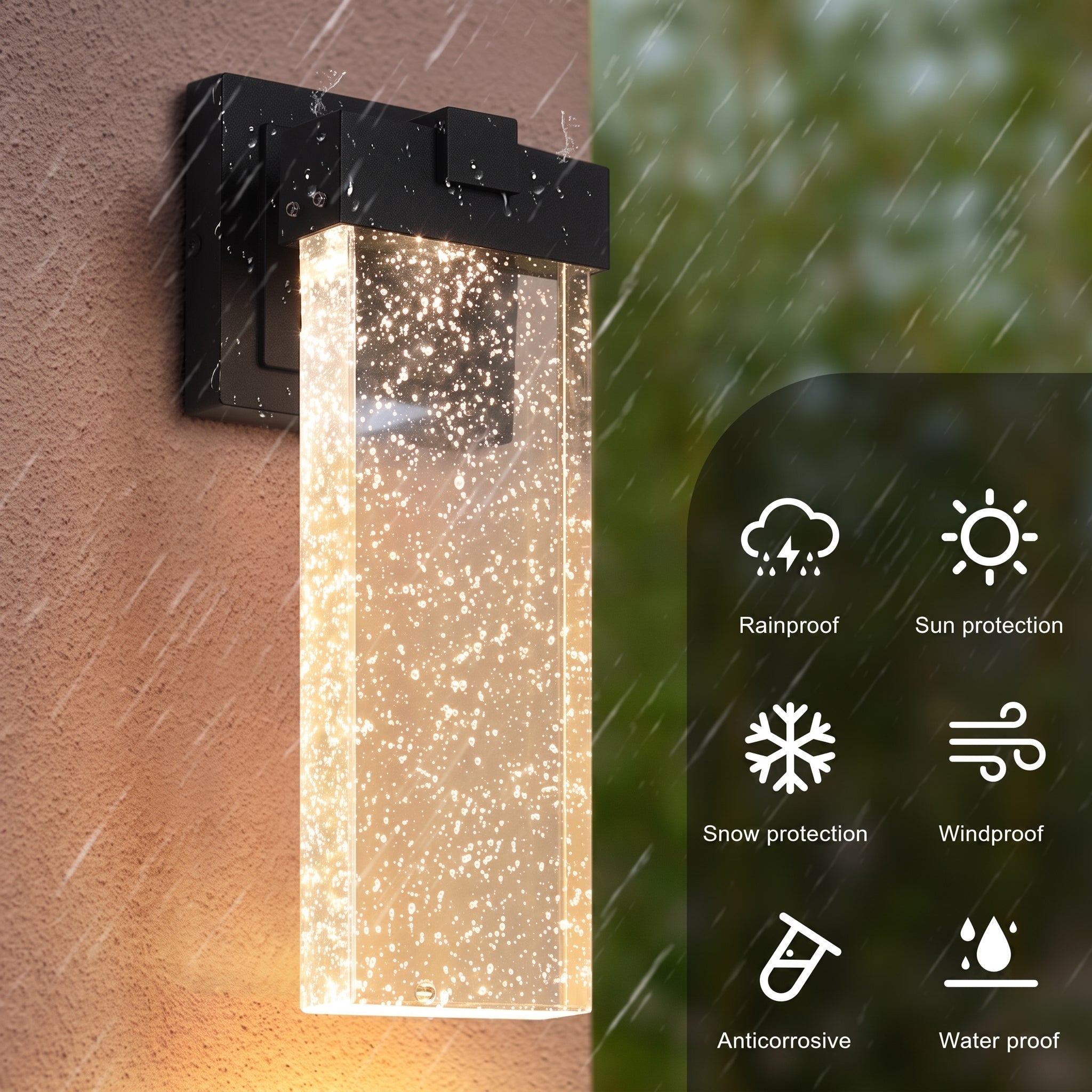 A wall-mounted outdoor light fixture with a black metal bracket and a clear rectangular glass shade filled with glowing warm light particles. The left half shows the fixture mounted on a wall in rain, while the right half shows feature icons for rainproof, sun protection, snow protection, windproof, anticorrosive, and water proof over a blurred green background.