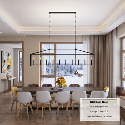 A modern rectangular black metal chandelier with candle-style bulbs hanging over a dining table in a bright, contemporary dining room. A text box in the lower right specifies E12 bulb base, max wattage 40W, voltage 110V-120V, and light bulb not included.