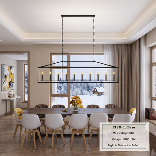 A modern rectangular black metal chandelier with candle-style bulbs hanging over a dining table in a bright, contemporary dining room. A text box in the lower right specifies E12 bulb base, max wattage 40W, voltage 110V-120V, and light bulb not included.