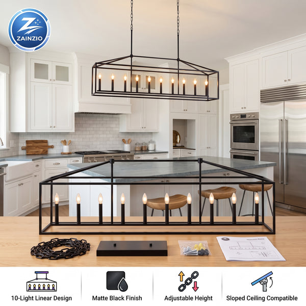A black metal linear chandelier with candle-style lights displayed in a modern kitchen setting, with the product placed below the hanging fixture and accessories shown on a countertop. A Zainzio brand logo appears in the top-left corner, and feature icons run along the bottom.