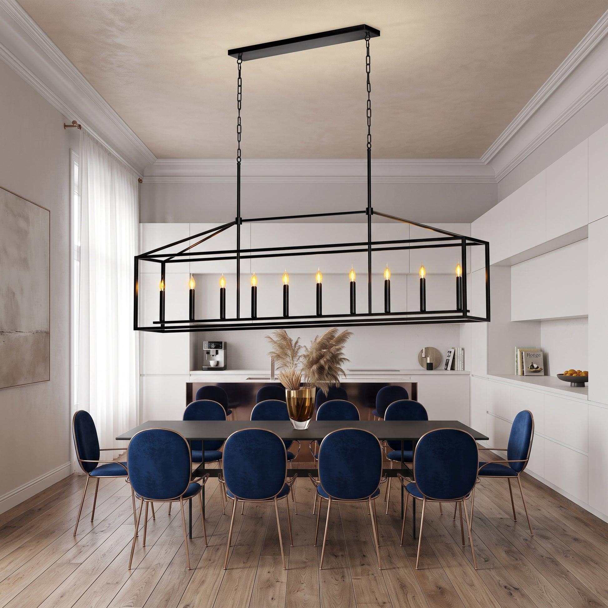 A modern rectangular black metal chandelier with candle-style lights hangs over a dining table in a bright, contemporary dining room with blue upholstered chairs and wood flooring.