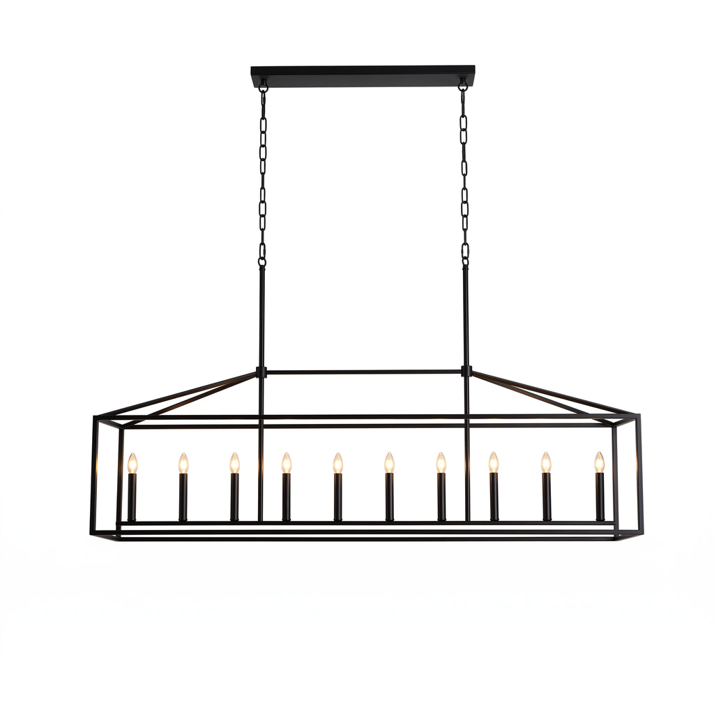 A rectangular black metal pendant chandelier with candle-style bulbs, suspended by two chains from a square ceiling canopy, shown against a plain white background.