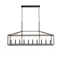 A rectangular black metal pendant chandelier with candle-style bulbs, suspended by two chains from a square ceiling canopy, shown against a plain white background.