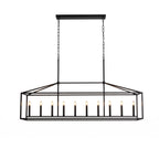 A rectangular black metal pendant chandelier with candle-style bulbs, suspended by two chains from a square ceiling canopy, shown against a plain white background.