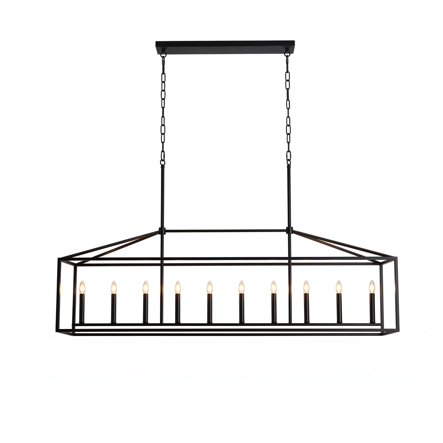 A rectangular black metal pendant chandelier with candle-style bulbs, suspended by two chains from a square ceiling canopy, shown against a plain white background.