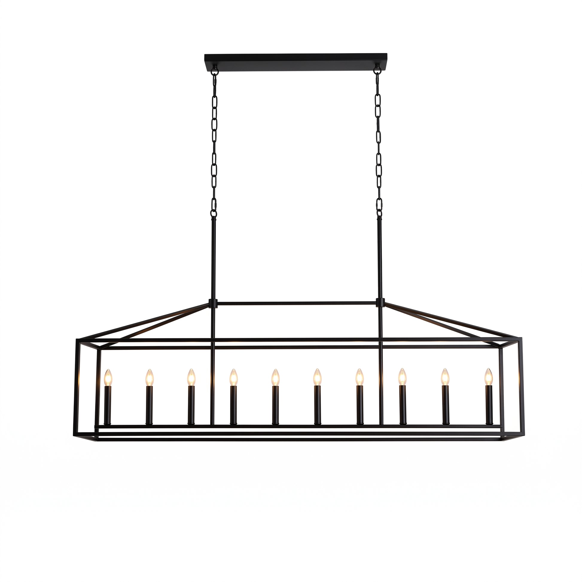 A rectangular black metal pendant chandelier with candle-style bulbs, suspended by two chains from a square ceiling canopy, shown against a plain white background.