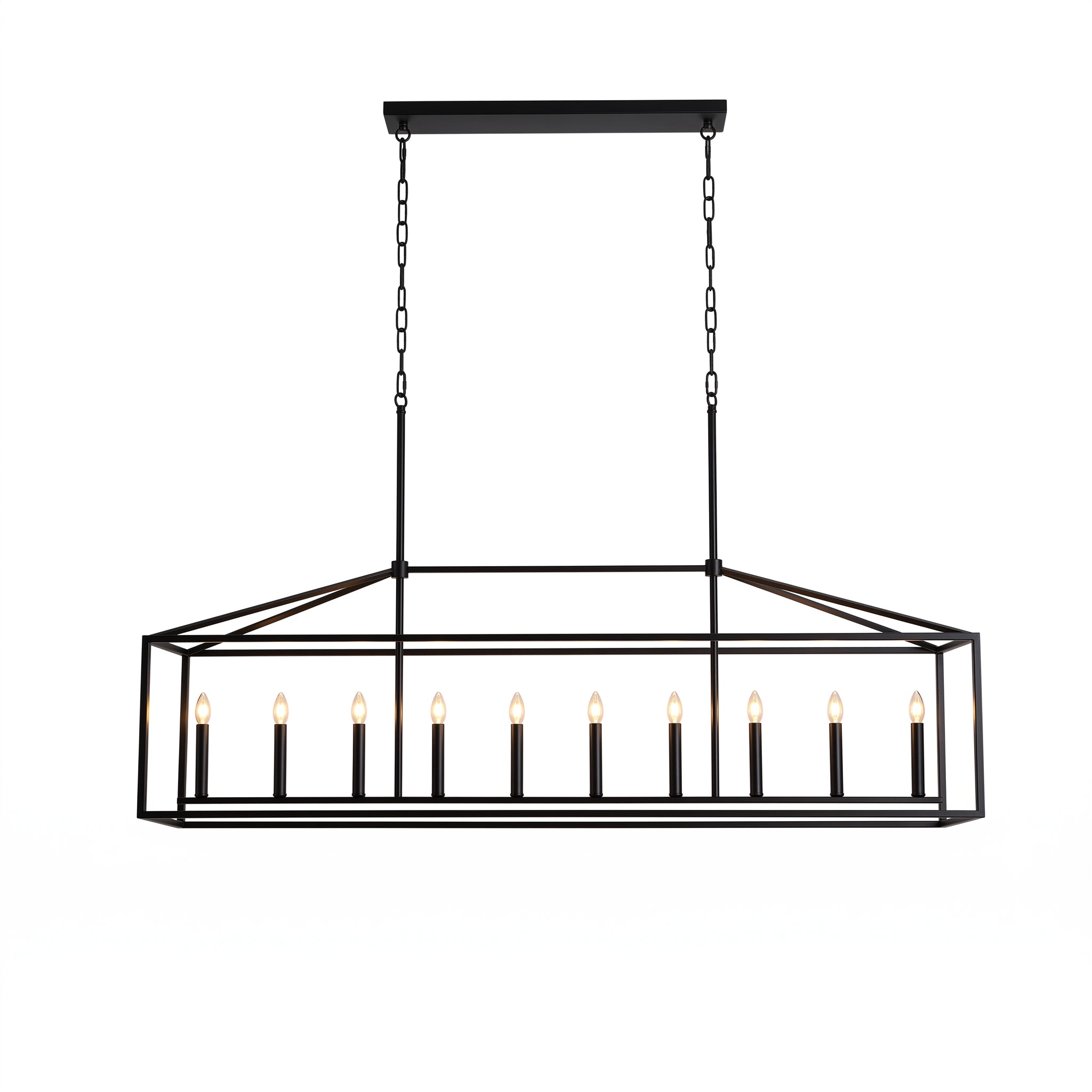 A rectangular black metal pendant chandelier with candle-style bulbs, suspended by two chains from a square ceiling canopy, shown against a plain white background.