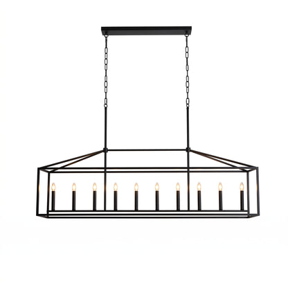 A rectangular black metal pendant chandelier with candle-style bulbs, suspended by two chains from a square ceiling canopy, shown against a plain white background.