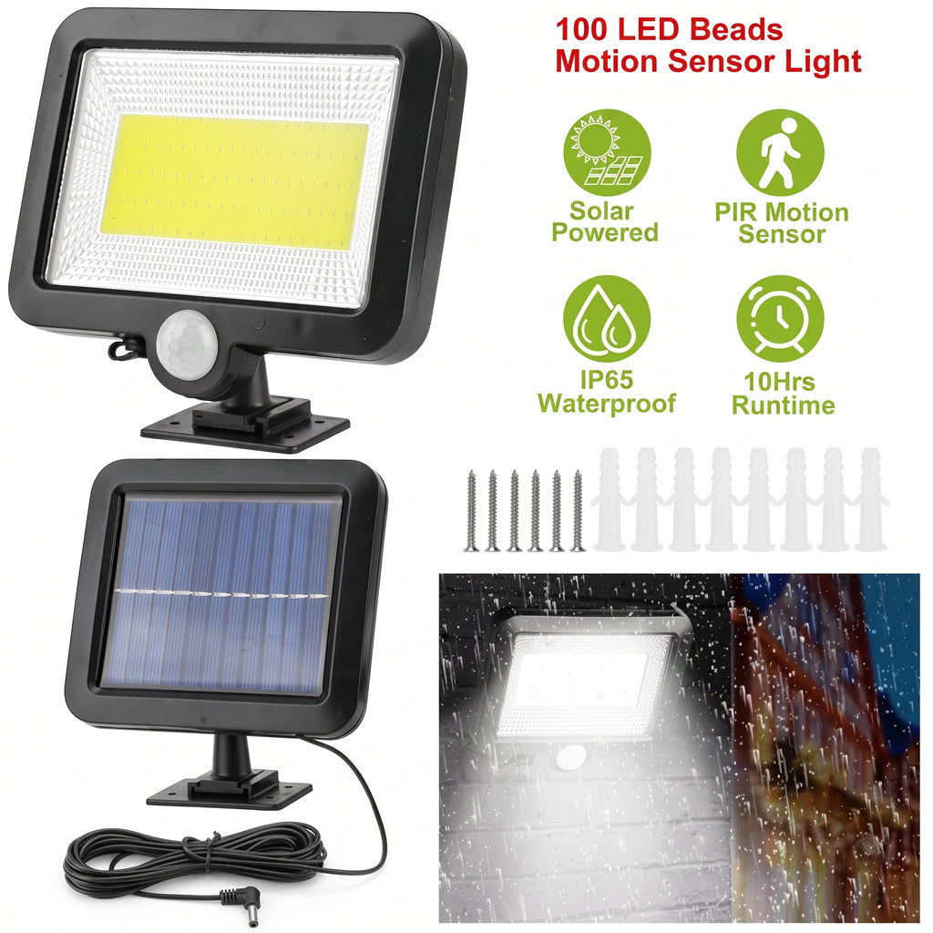 Solar-powered LED motion sensor light with solar panel and wiring, featuring 100 LED beads and waterproof rating.