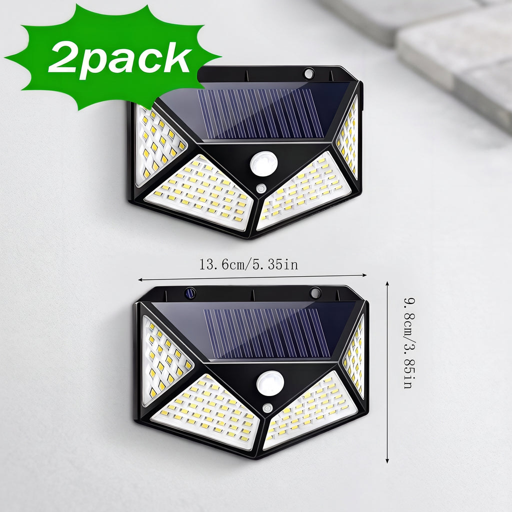 Two solar-powered outdoor wall lights shown on a light gray surface, with a green '2pack' badge and dimension labels indicating 13.6cm width and 9.