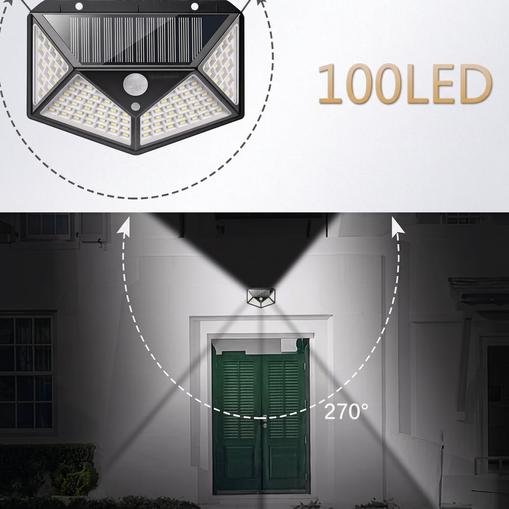 Solar-powered outdoor wall light fixture with 100 LEDs, shown in a top close-up and a bottom real-world application on a house door at night, with projected light beam and 270° coverage indicated.