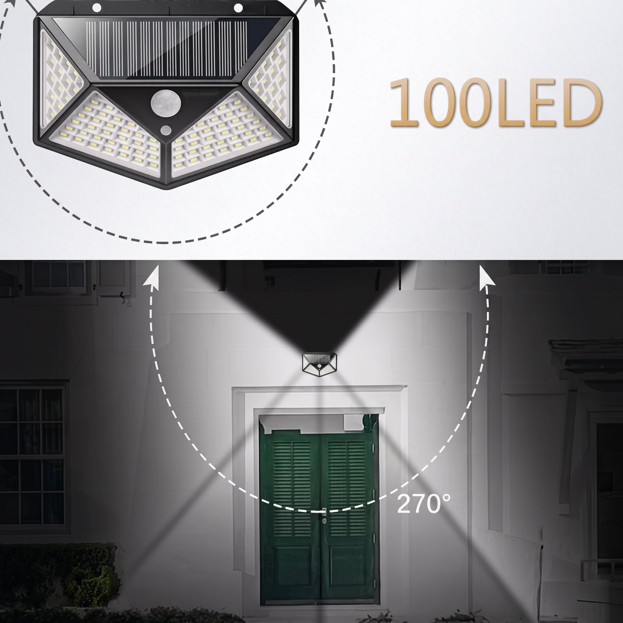 Solar-powered outdoor wall light fixture with 100 LEDs, shown in a top close-up and a bottom real-world application on a house door at night, with projected light beam and 270° coverage indicated.