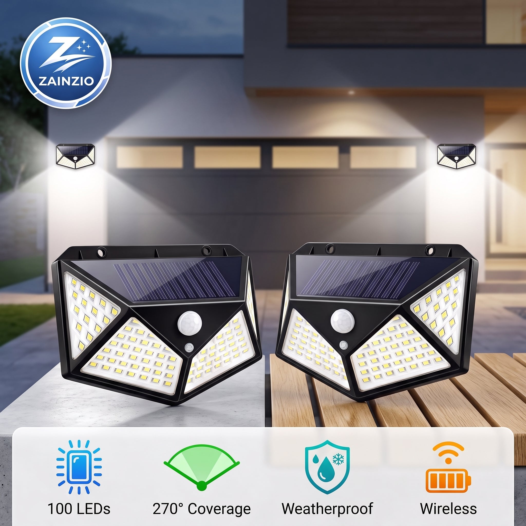 Two black solar-powered outdoor security light fixtures shown on a wooden deck in front of a house, with beams of light projecting outward. The image includes a ZAINZIO brand logo in the top-left corner and feature icons at the bottom highlighting 100 LEDs, 270-degree coverage, weatherproof design, and wireless operation.