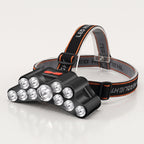 A black LED headlamp with multiple clear lenses and an adjustable black and orange head strap, shown on a clean white background.