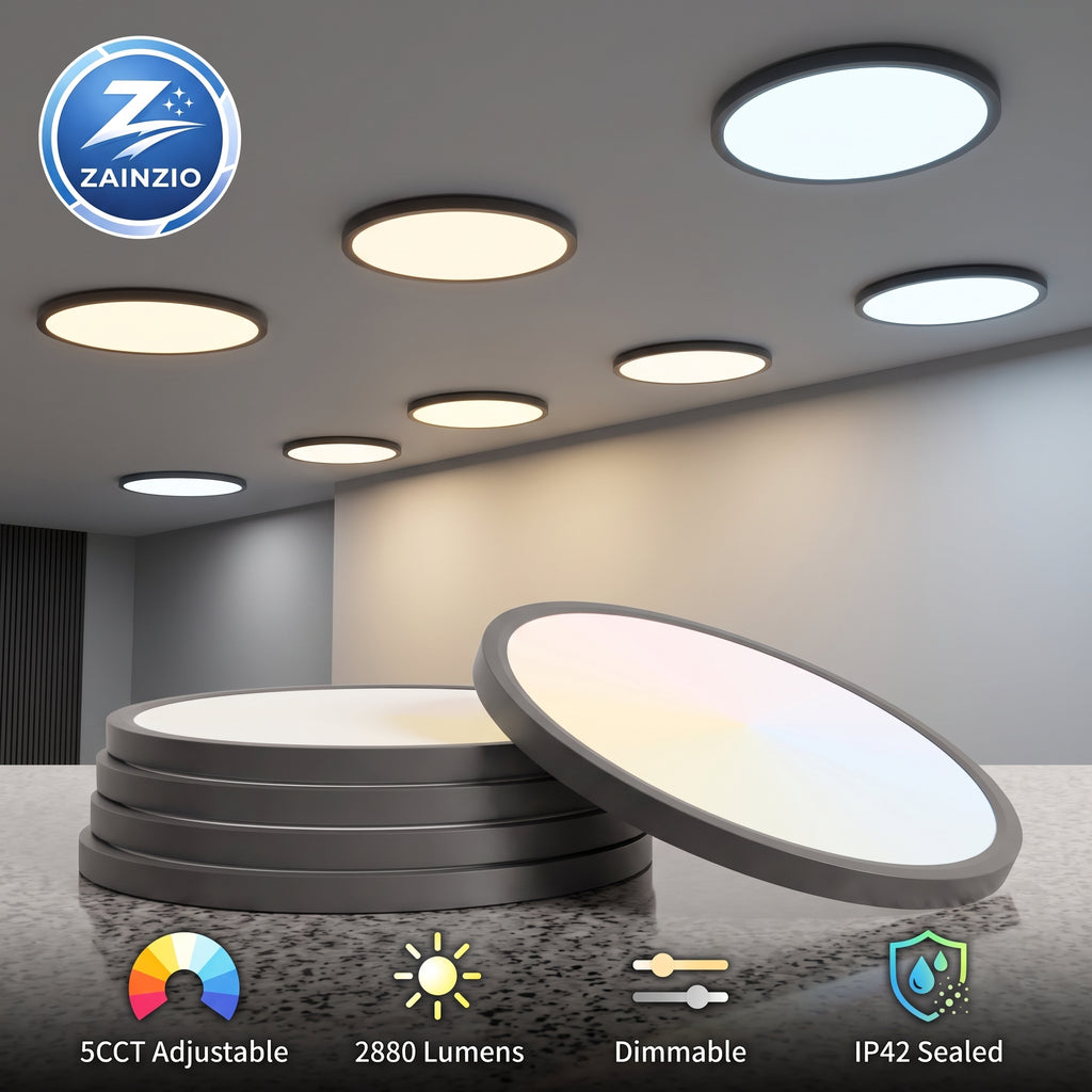 Round flush-mount LED ceiling light panels shown installed on a ceiling and stacked on a countertop, with feature callouts including 5CCT adjustable, 2880 lumens, dimmable, and IP42 sealed. A ZAINZIO brand logo appears in the top left.