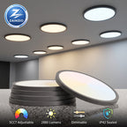 Round flush-mount LED ceiling light panels shown installed on a ceiling and stacked on a countertop, with feature callouts including 5CCT adjustable, 2880 lumens, dimmable, and IP42 sealed. A ZAINZIO brand logo appears in the top left.