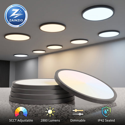 Round flush-mount LED ceiling light panels shown installed on a ceiling and stacked on a countertop, with feature callouts including 5CCT adjustable, 2880 lumens, dimmable, and IP42 sealed. A ZAINZIO brand logo appears in the top left.