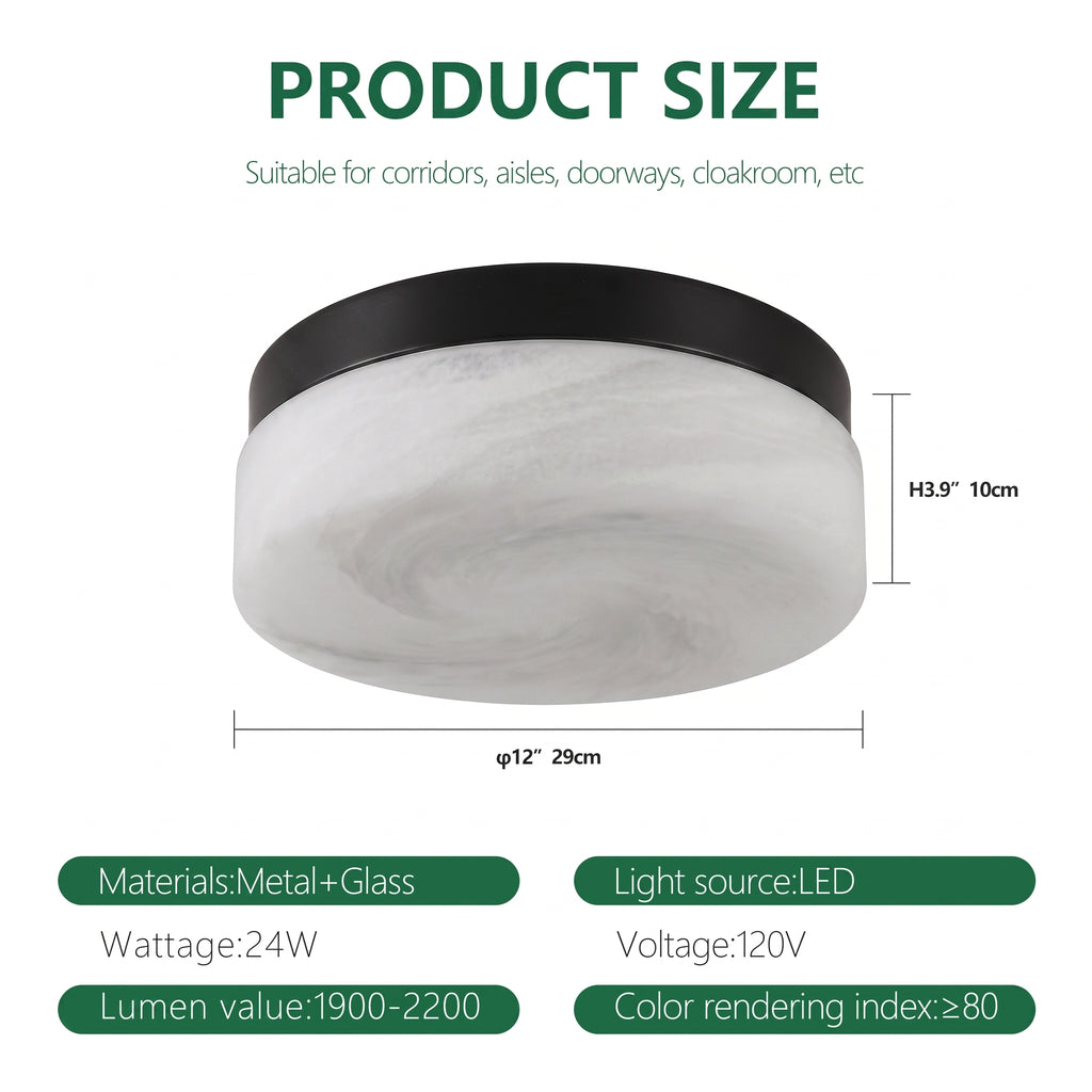 Product size diagram of a flush-mount ceiling light fixture with a round white marbled glass shade and a black metal rim. The image includes dimension markings (H3.
