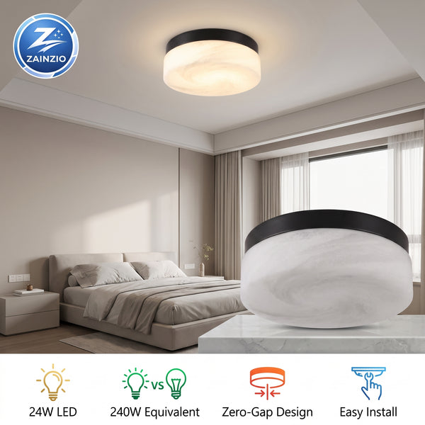 Black flush-mount LED ceiling light with white diffuser installed in a bedroom