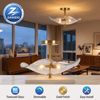 A ZAINZIO modern ceiling light fixture and matching table lamp with a textured, petal-like clear glass shade and gold-toned metal details, shown installed in a contemporary living room and as a tabletop product shot. The image includes a ZAINZIO logo in the top-left corner and feature icons at the bottom stating 'Textured Glass', 'Dimmable', 'Gold Finish', and 'Easy Install'.