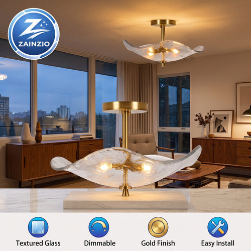 17-inch gold glass semi-flush ceiling light with textured shade in a modern living room