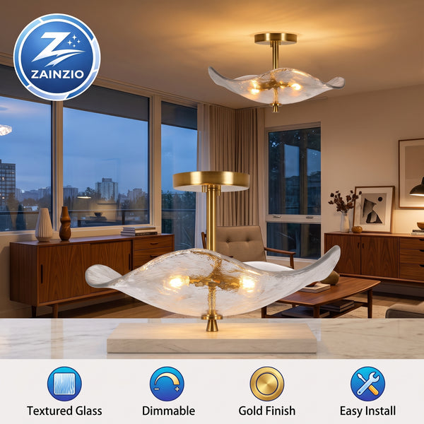 17-inch gold glass semi-flush ceiling light with textured shade in a modern living room