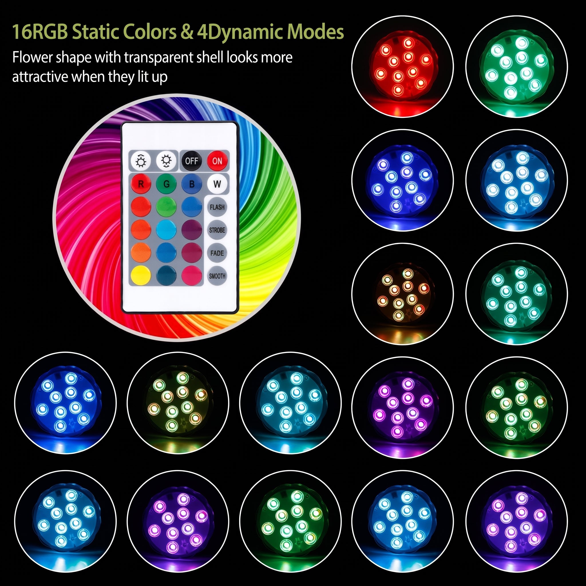 LED lights with remote control and various color modes on a black background