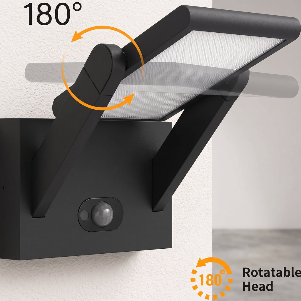 Black outdoor wall-mounted solar light with a rotatable head, shown mounted on a textured wall with orange graphic arrows indicating 180-degree rotation. Text overlays read '180°' and 'Rotatable Head'.