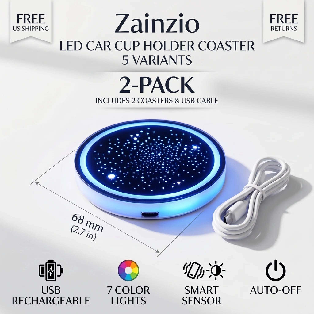 Zainzio 2.7-inch (68 mm) Starry Sky LED car cup holder coaster hero image with USB charging cable, highlighting free US shipping, 7-color lights, smart sensor, and auto-off feature.