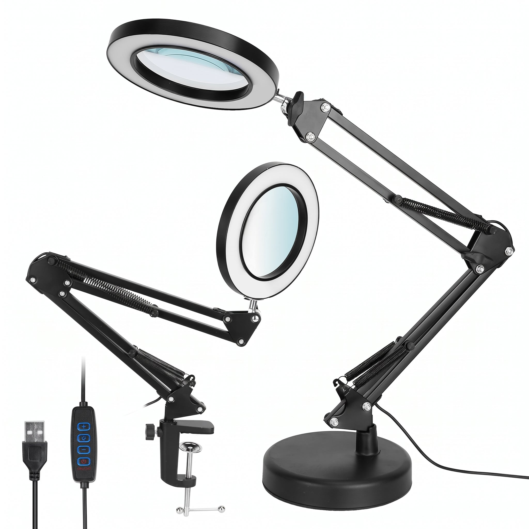 Black adjustable ring magnifier lamp with two viewing angles, a USB charging cable, and a clamp stand on a white background.