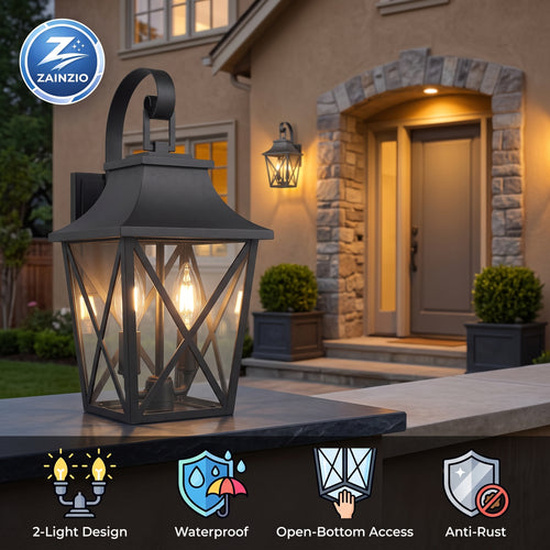 Two-light outdoor wall lantern with matte black frame and glass panels on a house exterior
