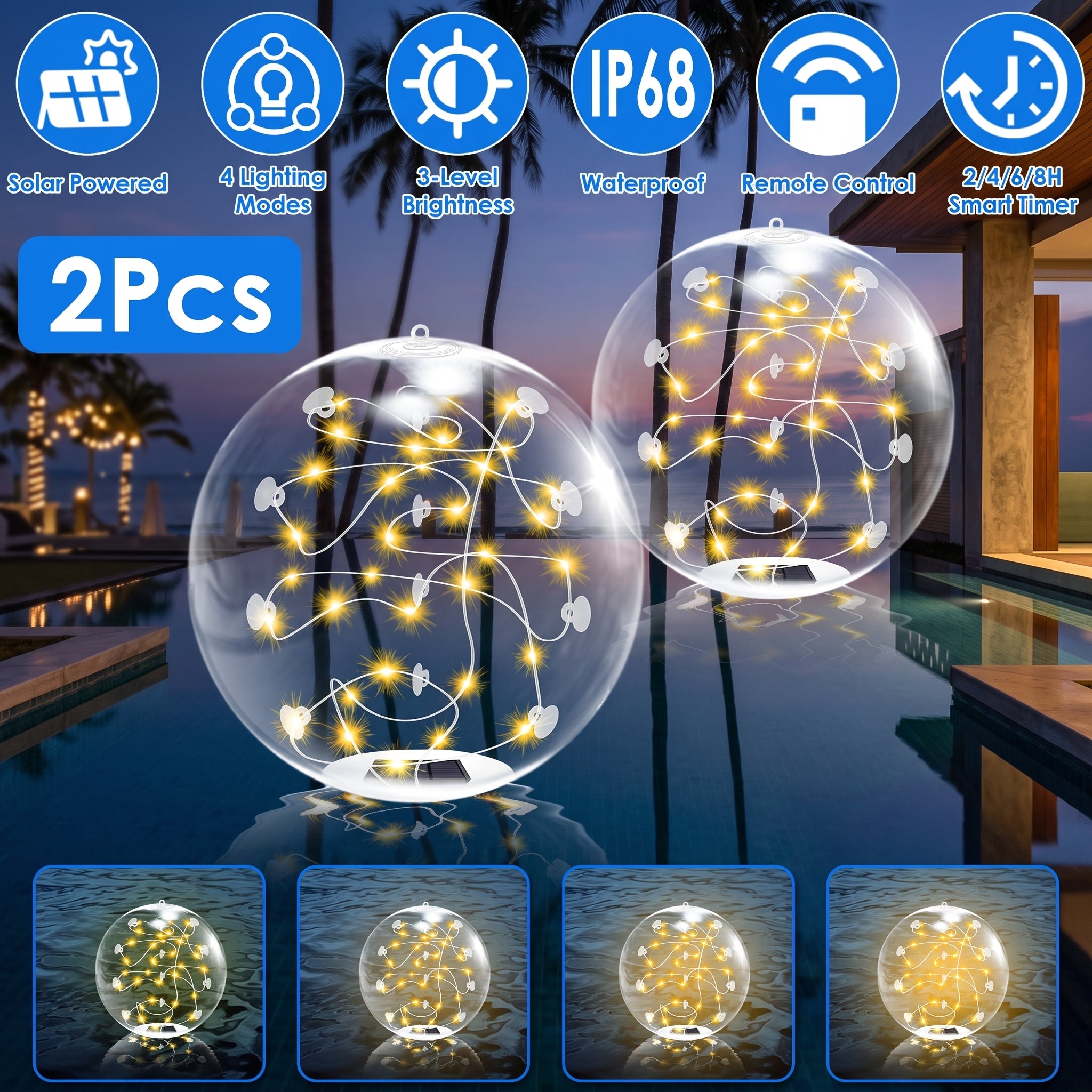 Two clear solar-powered LED fairy light spheres shown over a pool at dusk, with feature icons and a '2Pcs' label. The image includes inset close-ups of the glowing lights inside the transparent spheres.