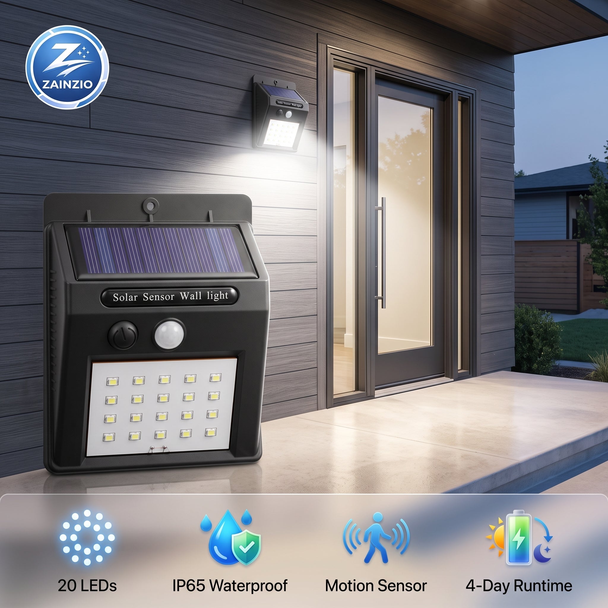 A black solar sensor wall light with a built-in solar panel and 20 LED lights, mounted on a wooden house exterior next to a glass door. The image includes a ZAINZIO brand logo in the top left and feature icons at the bottom indicating 20 LEDs, IP65 waterproof, motion sensor, and 4-day runtime.