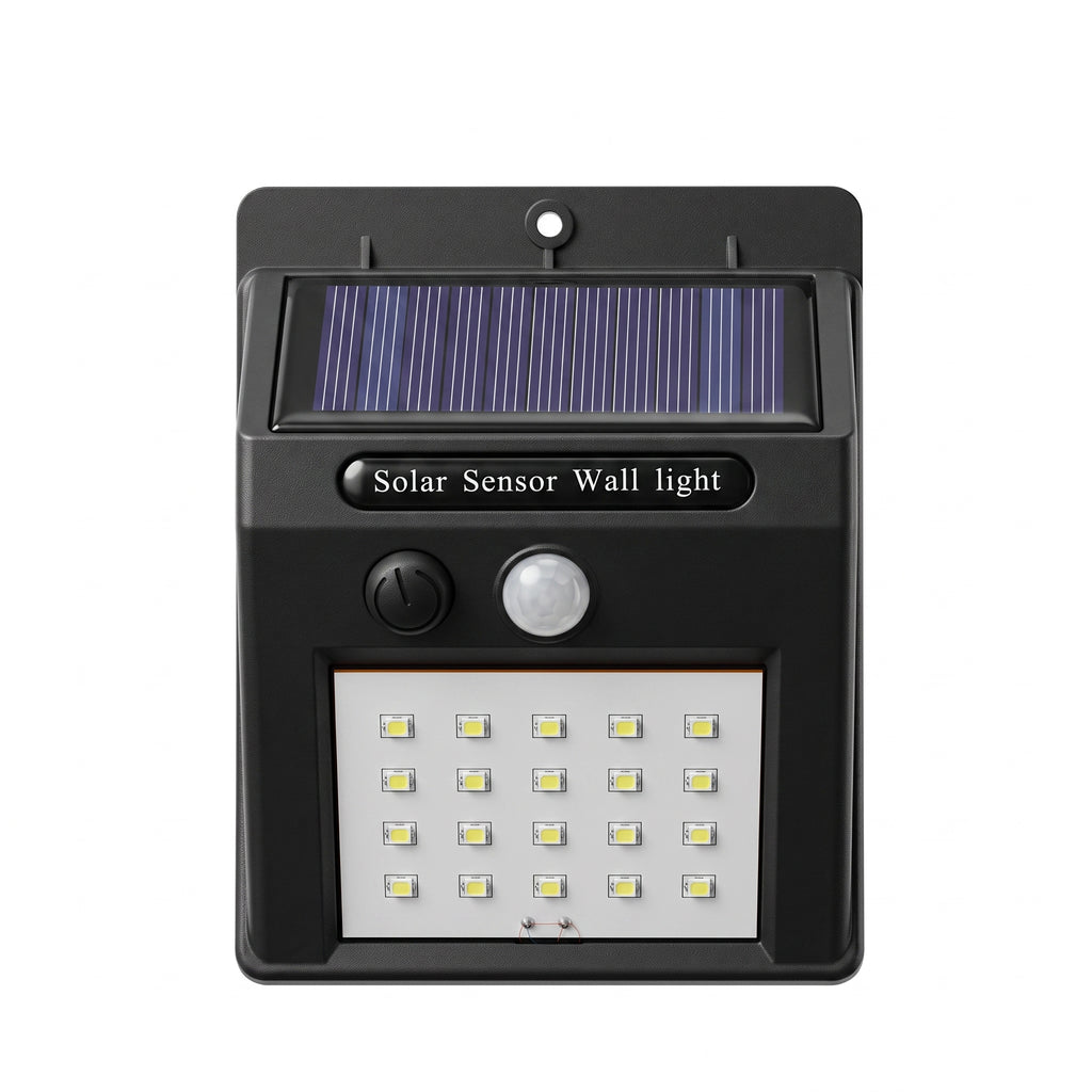 A black solar sensor wall light with a built-in solar panel, motion sensor button, and 16 LED light bar, shown on a plain white background.
