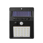 A black solar sensor wall light with a built-in solar panel, motion sensor button, and 16 LED light bar, shown on a plain white background.