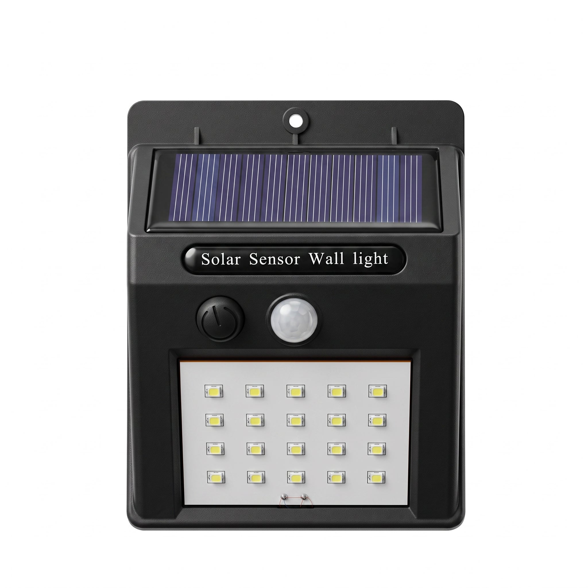 A black solar sensor wall light with a built-in solar panel, motion sensor button, and 16 LED light bar, shown on a plain white background.