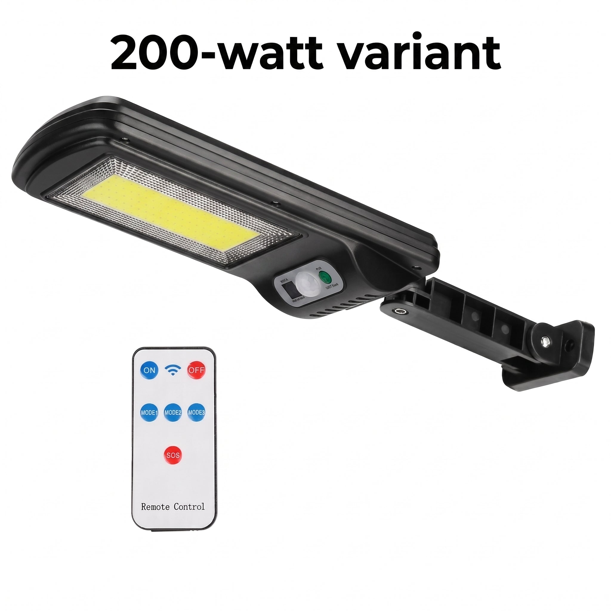 A black 200-watt solar LED outdoor light with a wall mount bracket, shown alongside a white remote control on a plain white background. The text '200-watt variant' appears at the top.