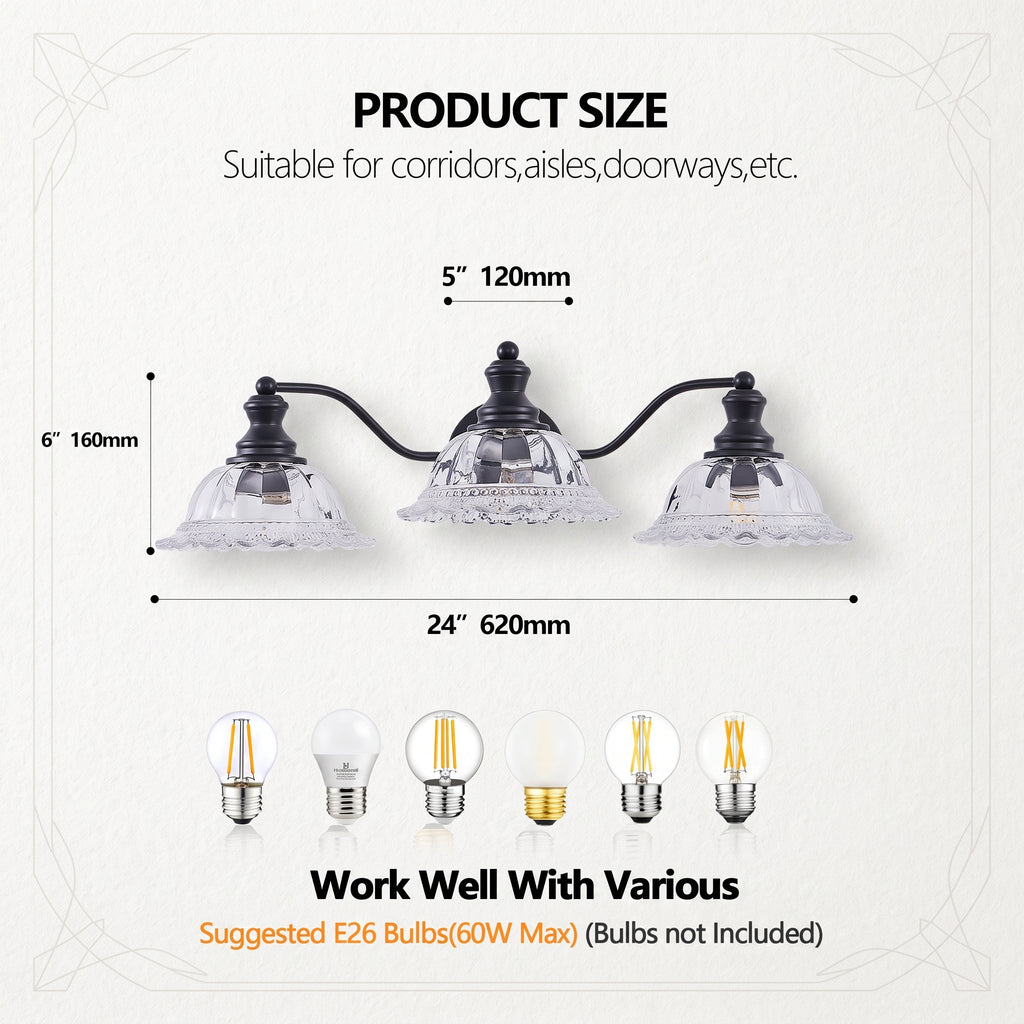 Product size diagram for a three-light wall sconce, showing dimensions of 6" height by 24" width, with black metal arms, clear glass shades, and suggested E26 bulb types shown below.
