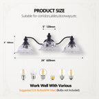 Product size diagram for a three-light wall sconce, showing dimensions of 6" height by 24" width, with black metal arms, clear glass shades, and suggested E26 bulb types shown below.