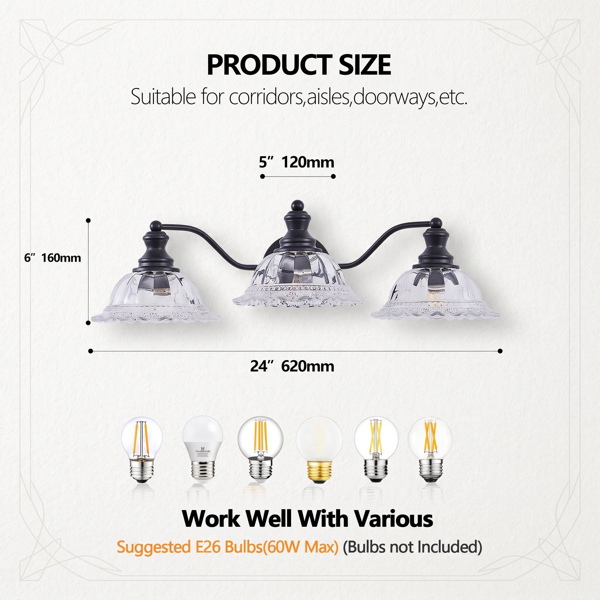 Product size diagram for a three-light wall sconce, showing dimensions of 6" height by 24" width, with black metal arms, clear glass shades, and suggested E26 bulb types shown below.