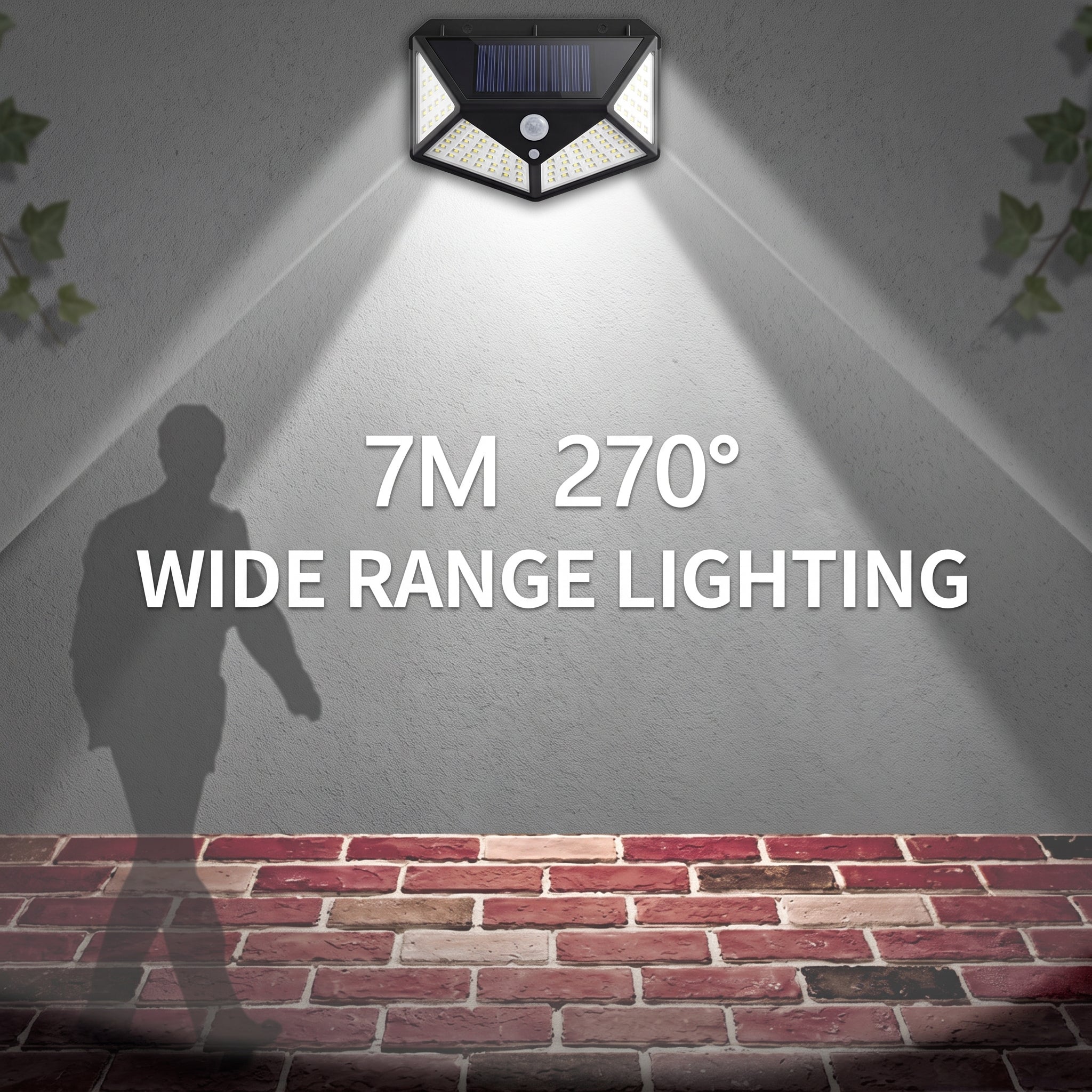 Solar outdoor wall light fixture shown mounted on a gray wall, casting a wide beam of light downward. Large text reads '7M 270° WIDE RANGE LIGHTING,' with a shadow silhouette and brick wall at the bottom.