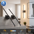 Modern wall-mounted linear LED light fixtures shown installed in a minimalist interior, with one angled fixture on a gray stone ledge and another vertical fixture on a beige wall. The image includes a ZAINZIO brand logo and feature icons for stepless dimming, color temperature, remote control, and memory function.