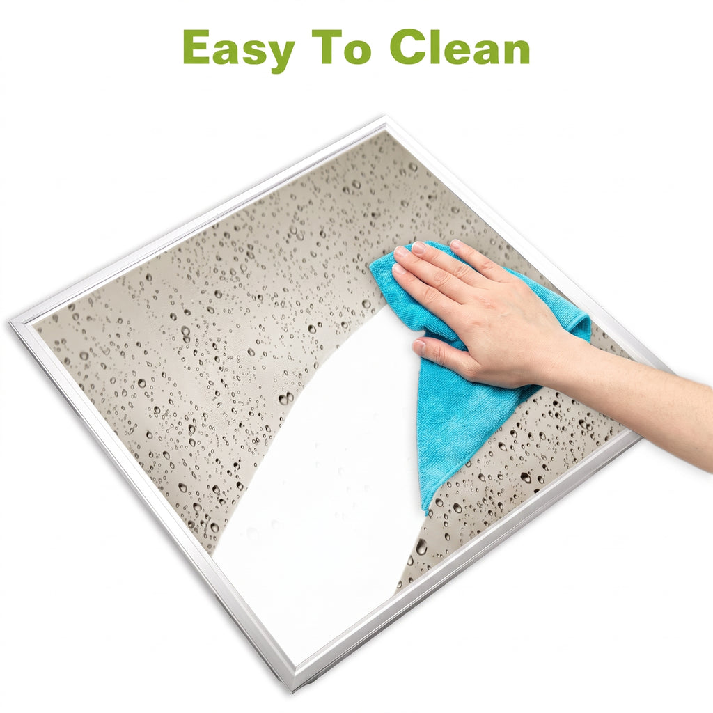 A square glass panel or mirror with a white frame, shown with a hand wiping it with a blue cloth. The text 'Easy To Clean' appears at the top on a white background.
