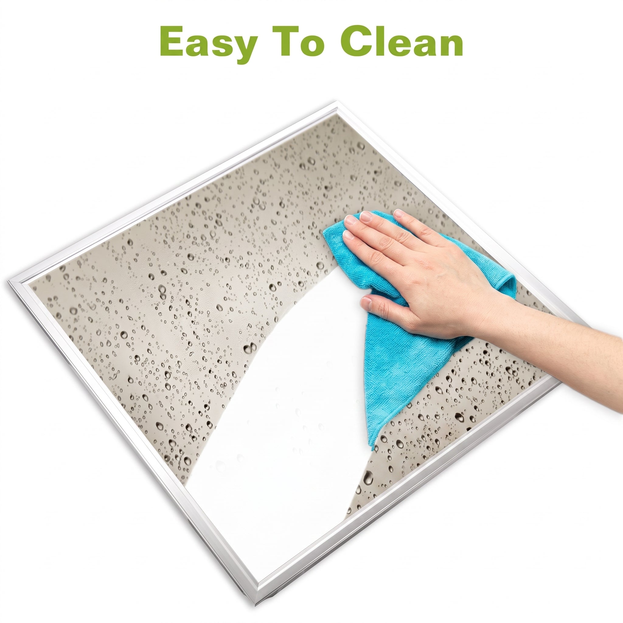 A square glass panel or mirror with a white frame, shown with a hand wiping it with a blue cloth. The text 'Easy To Clean' appears at the top on a white background.