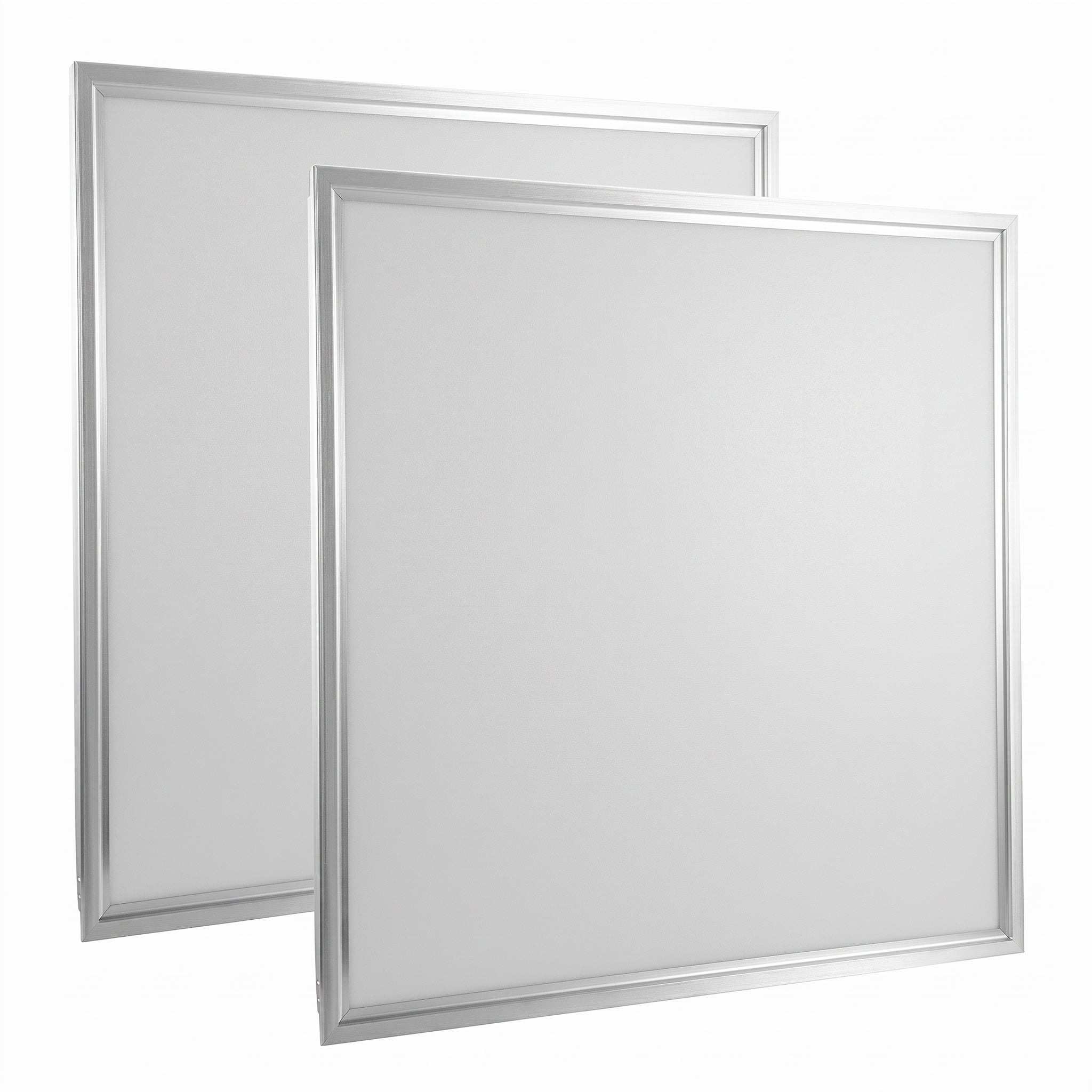 Two square white panels with slim silver frames, shown overlapping on a plain white background.