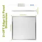 2x2ft edge-lit panel with dimensions and driver diagram on a white background