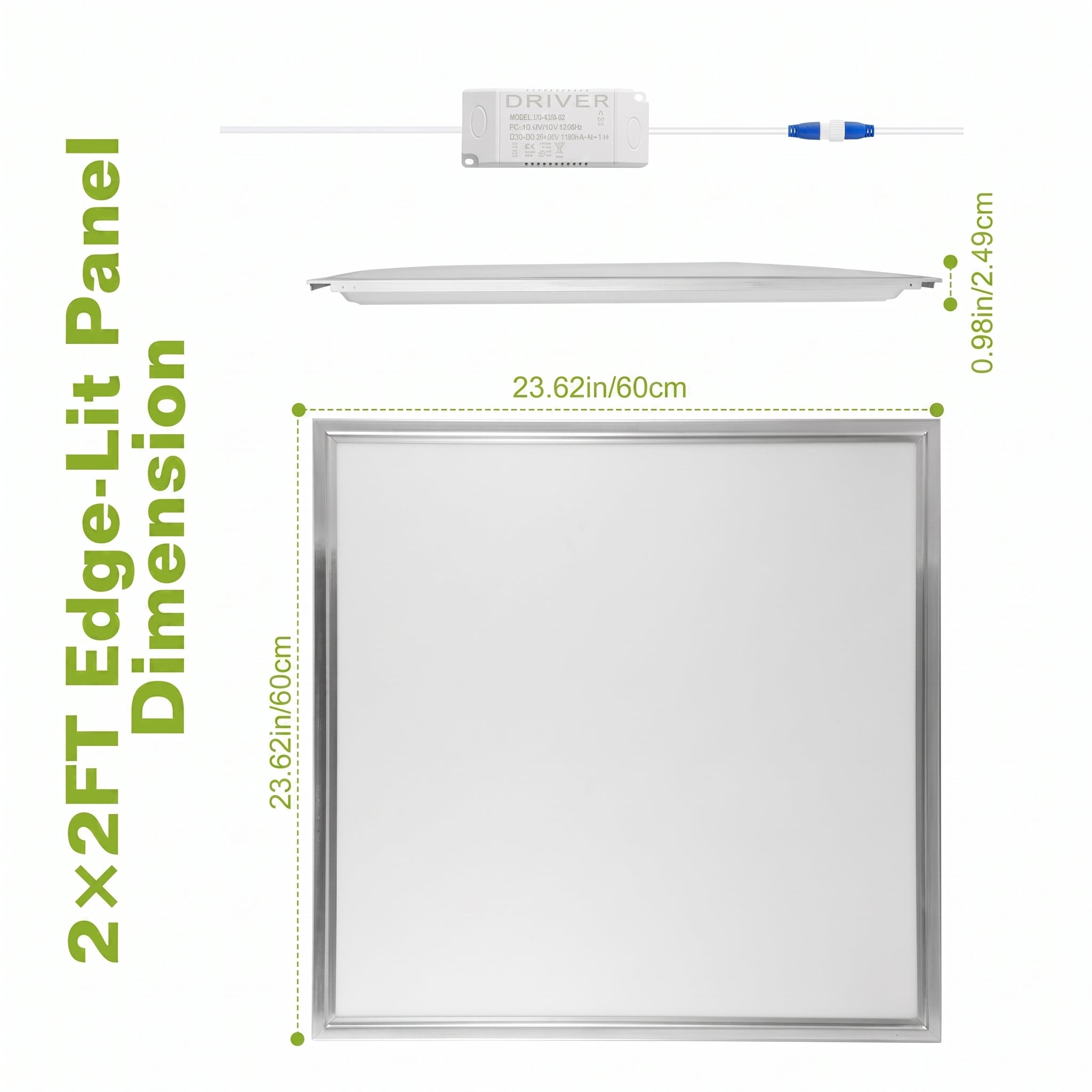 2x2ft edge-lit panel with dimensions and driver diagram on a white background
