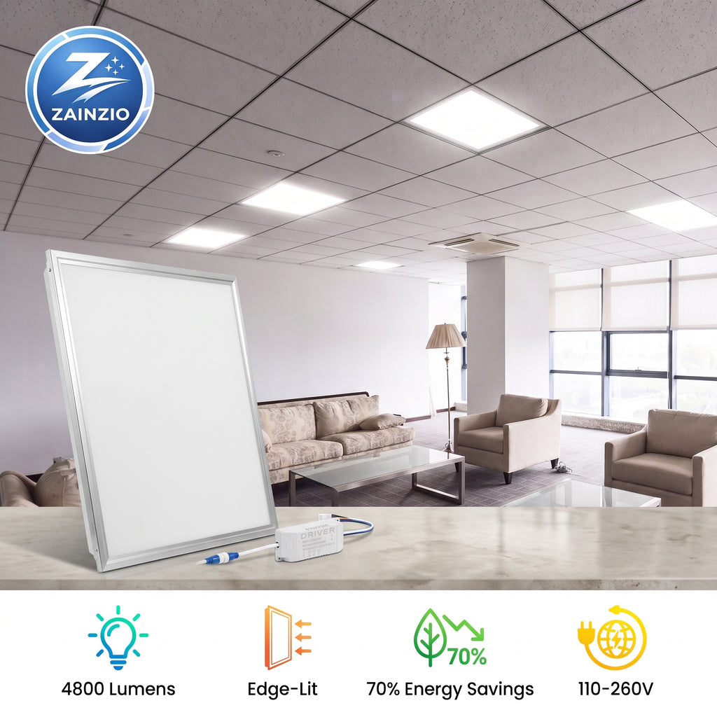 A large white LED office whiteboard with a silver frame is shown in the foreground, with a blurred office lounge room in the background. The image includes a ZAINZIO brand logo in the top-left corner and feature icons and text at the bottom highlighting 4800 lumens, edge-lit technology, energy savings, and voltage compatibility.